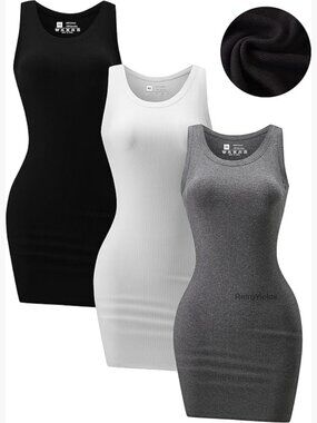 3 Pack Ribbed Bodycon Mini Dress Sleeveless Crewneck Tank Sundress